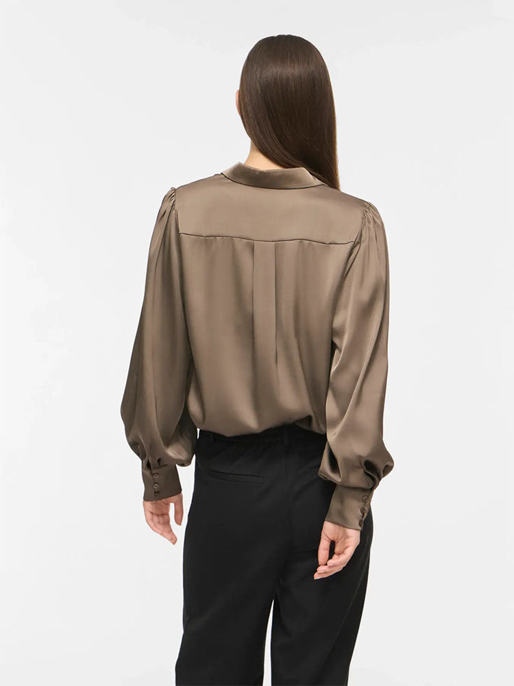Vienna Ravenna Satin Balloon Sleeve Shirt-Beige