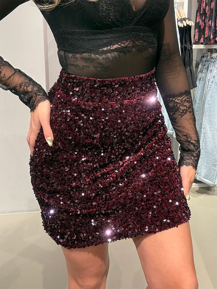 Vifaith High Waist Short Sequin Skirt-Fig