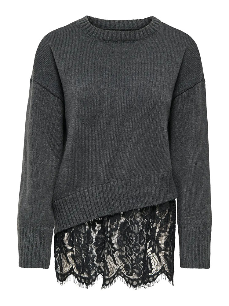 Onlevie Knit Lace Mix Sweater-Dark Grey/Black Lace