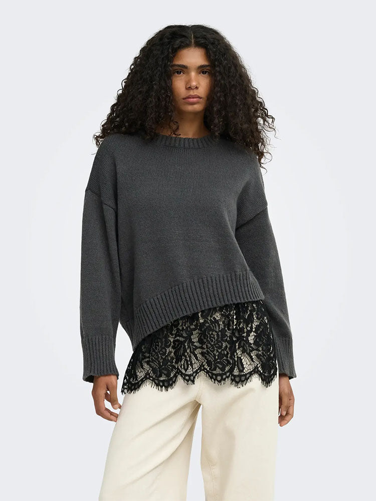 Onlevie Knit Lace Mix Sweater-Dark Grey/Black Lace