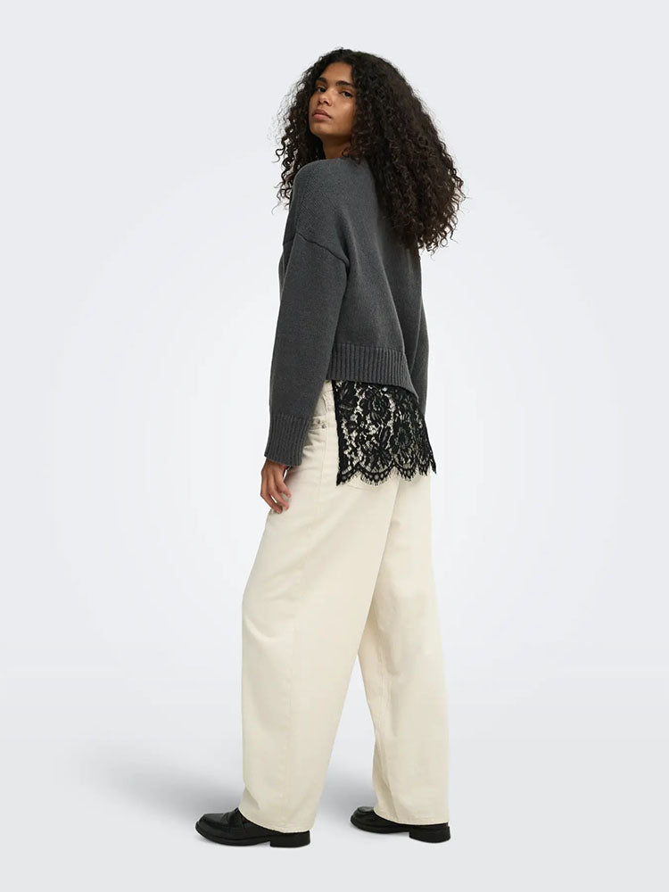 Onlevie Knit Lace Mix Sweater-Dark Grey/Black Lace