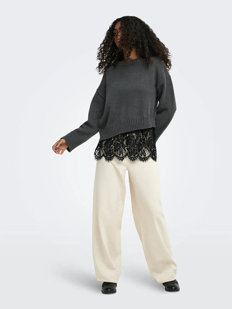 Onlevie Knit Lace Mix Sweater-Dark Grey/Black Lace