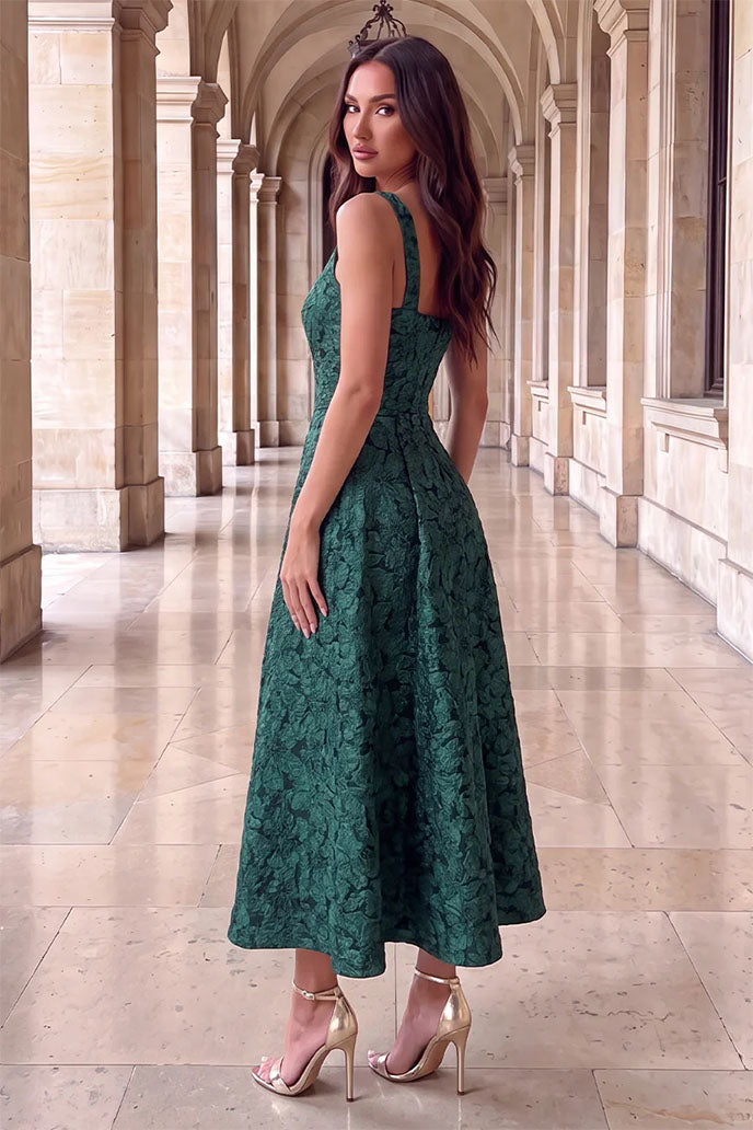 Green Floral Jacquard Square Neck A-line Midi Dress