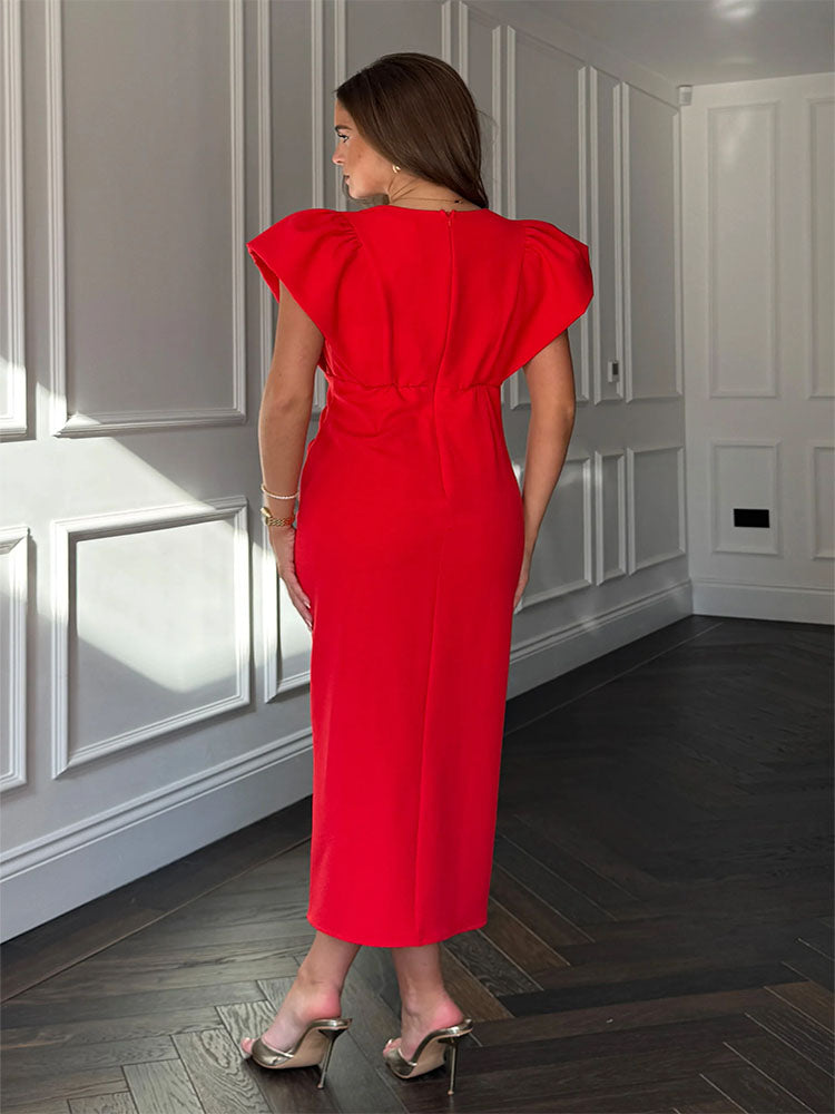 Katniss Statement Sleeve Pleat Detail Midi Dress Red