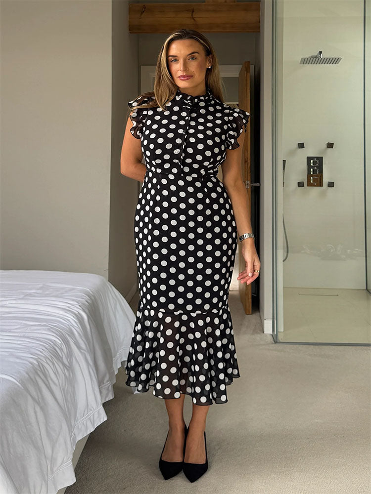 Hannah Frill Sleeve Button Front Midi Dress Black Spot