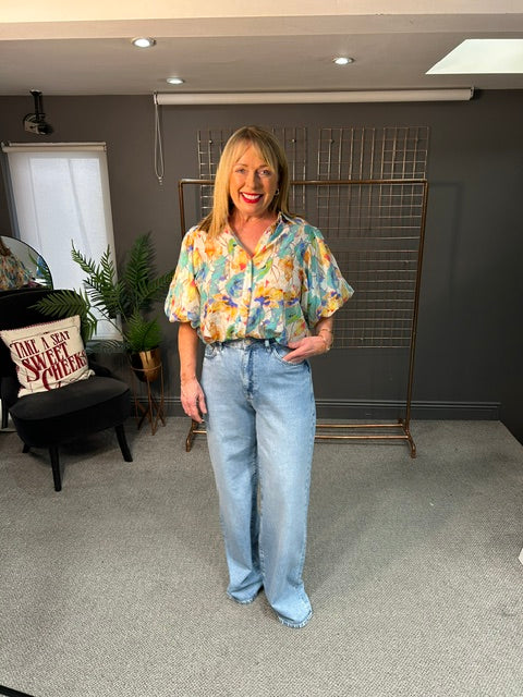 Stella Floral Balloon Sleeve Shirt-Green Multi