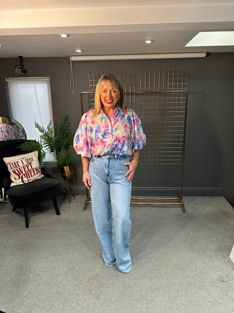 Stella Floral Balloon Sleeve Shirt-Pink Multi