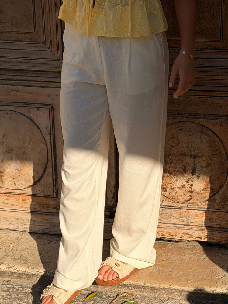 Pcawace High Waist Linen Blend Trousers- White
