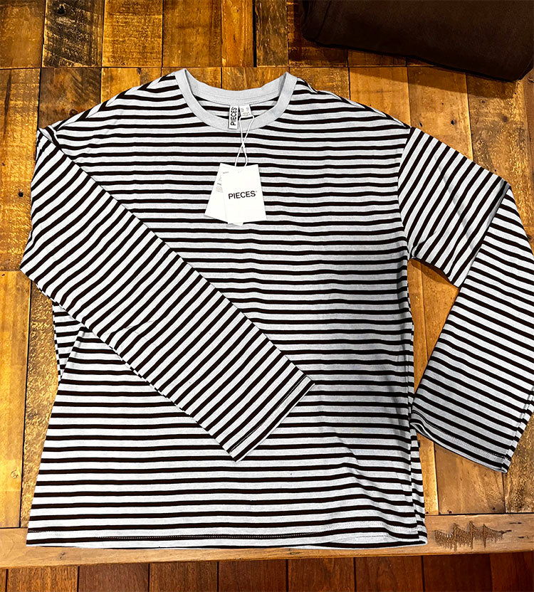 Pcselma Long Sleeve Top-Baby Blue/Brown Stripe