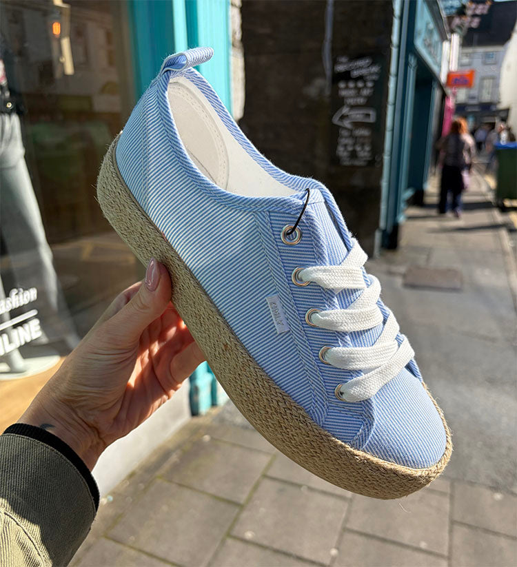 Onlida Lace Up Espadrille Sneakers- White/Light Blue Stripes
