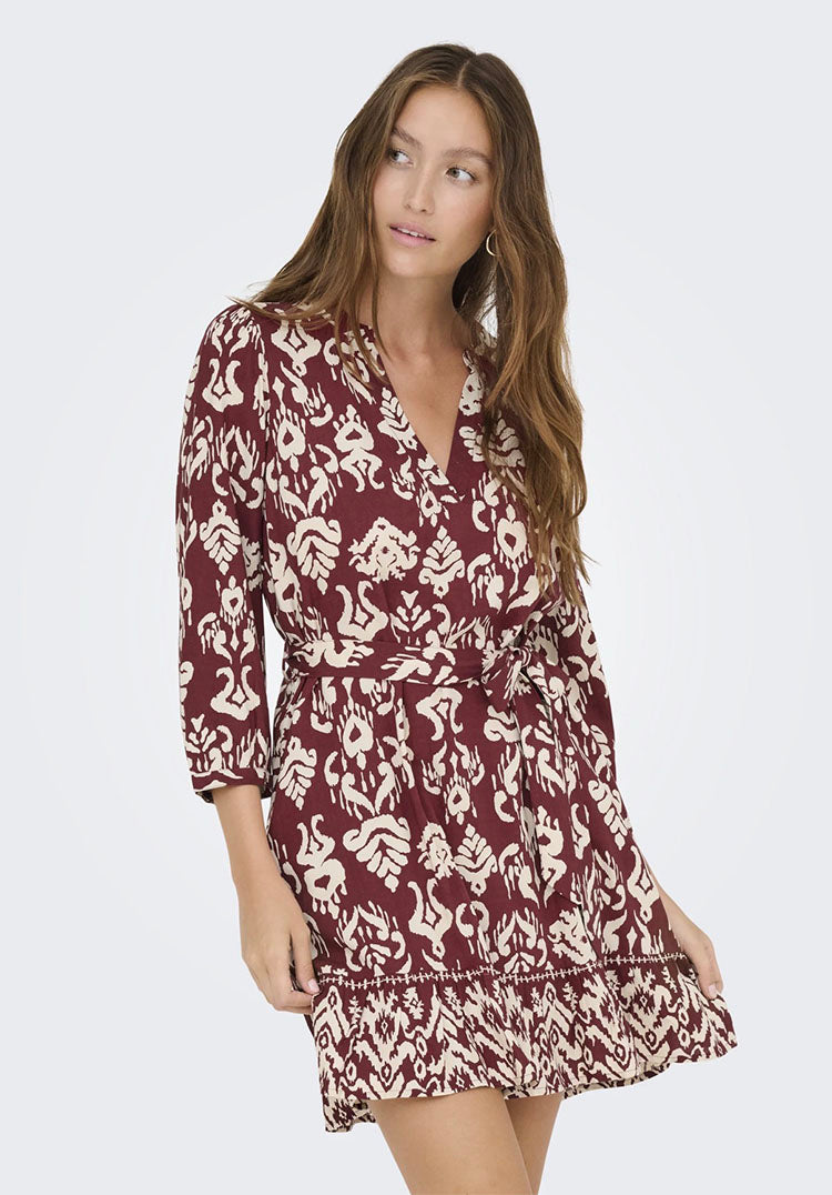 Onlantonia Short Dress-Brick Red/ Cream Abstract