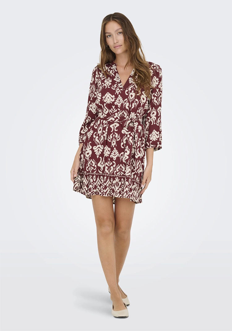 Onlantonia Short Dress-Brick Red/ Cream Abstract