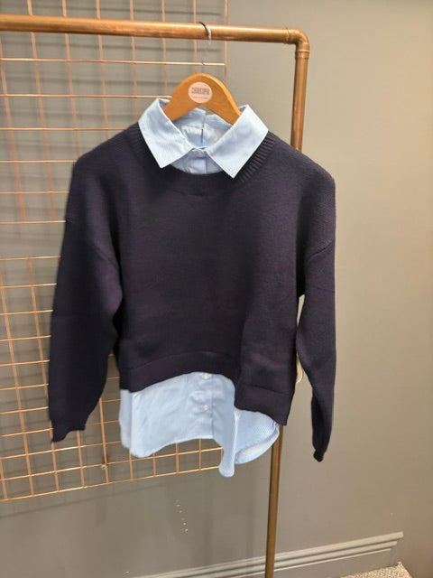 Mixed_1 Camisola- Navy Sweater with attached Blue/White Pinstripe Shirt