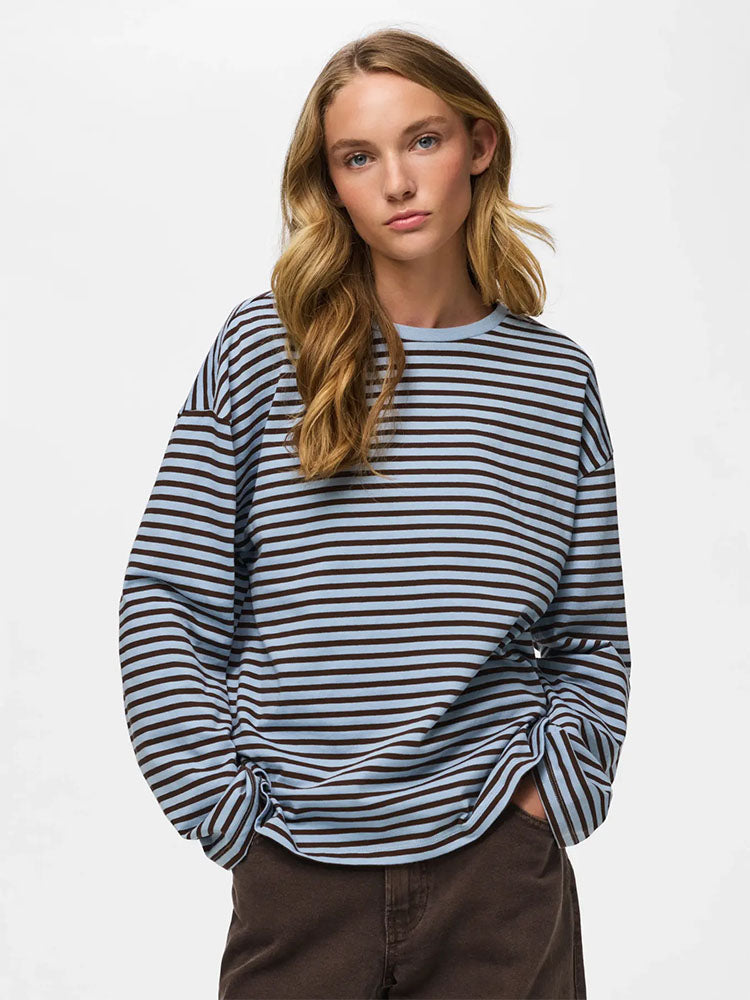 Pcsadie Long Sleeve Top-Blue/Brown Stripe