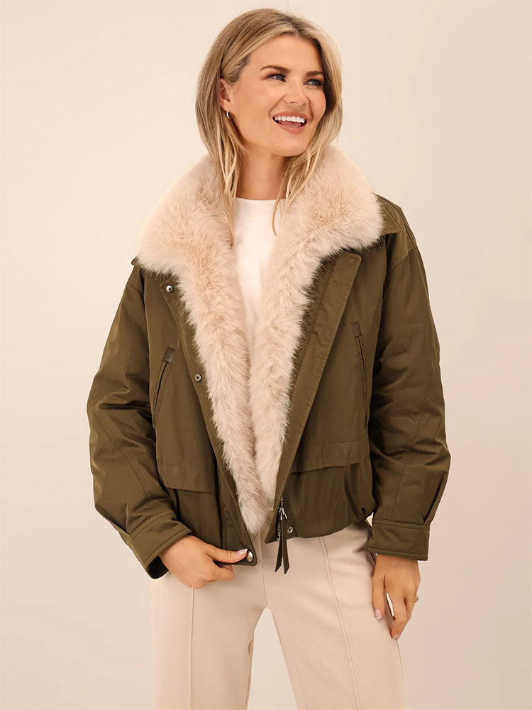 Kate & Pippa Aspen Detachable Fur Collar Jacket In Khaki