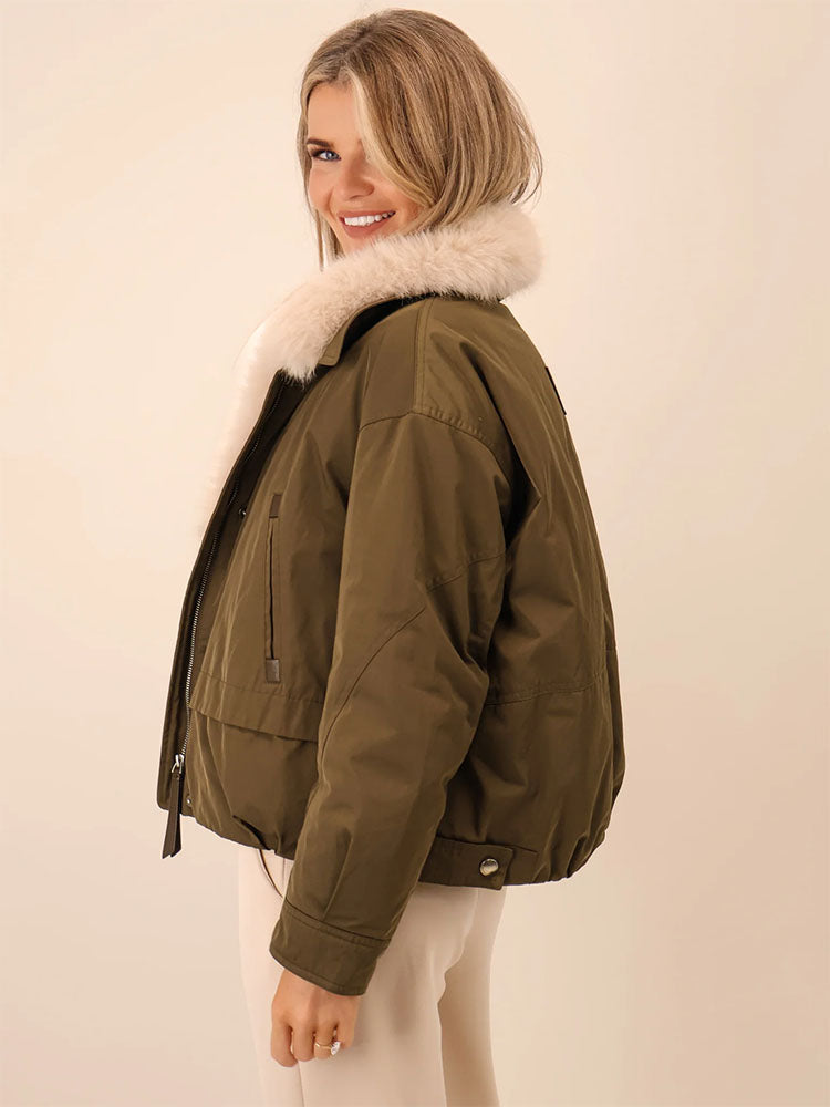 Kate & Pippa Aspen Detachable Fur Collar Jacket In Khaki