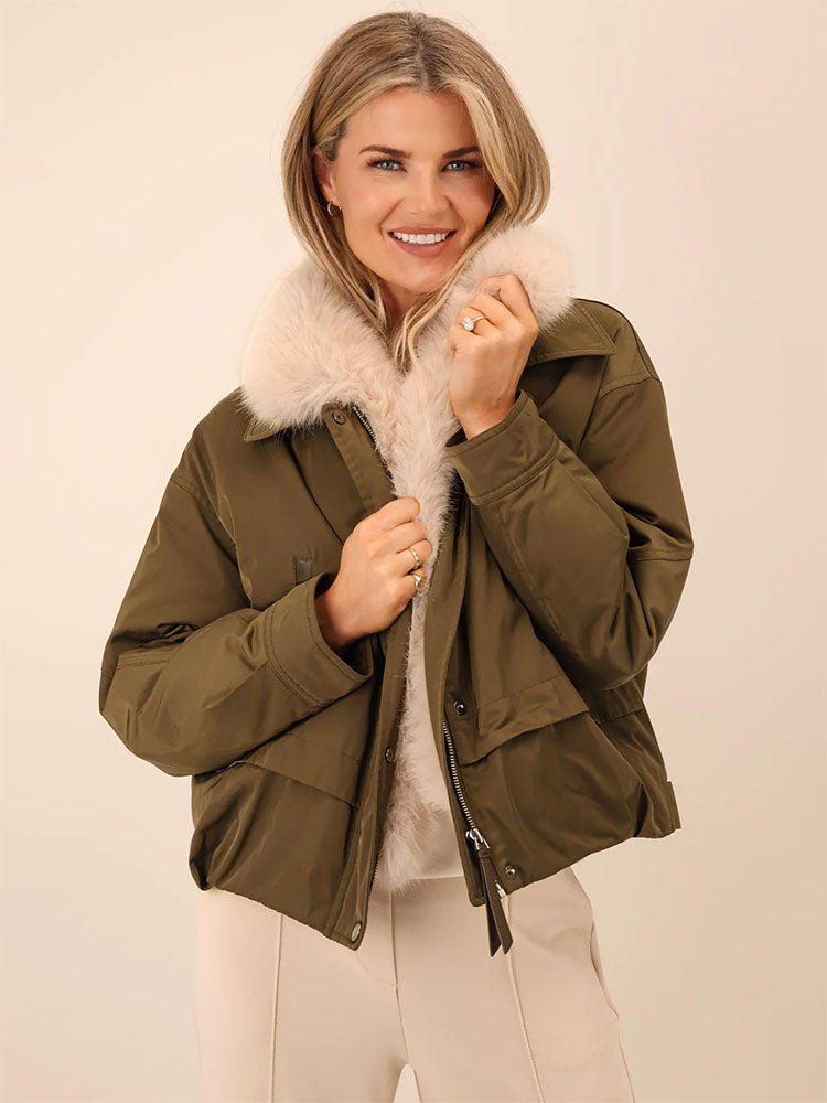 Kate & Pippa Aspen Detachable Fur Collar Jacket In Khaki