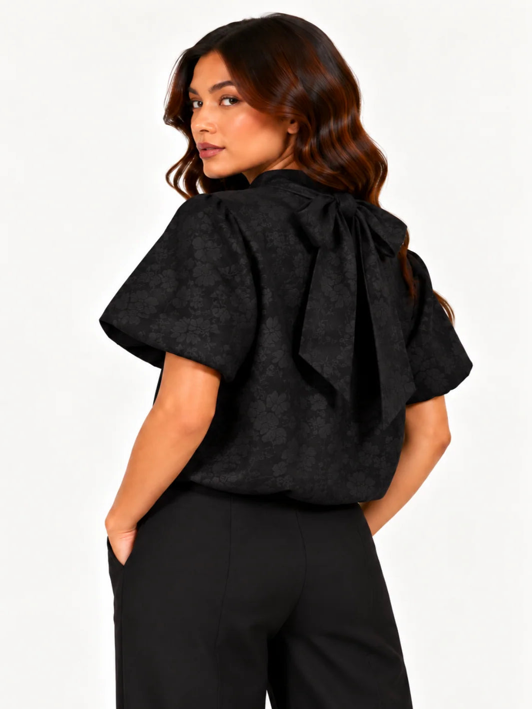Kate & Pippa Ava Jacquard Bow Top In Black