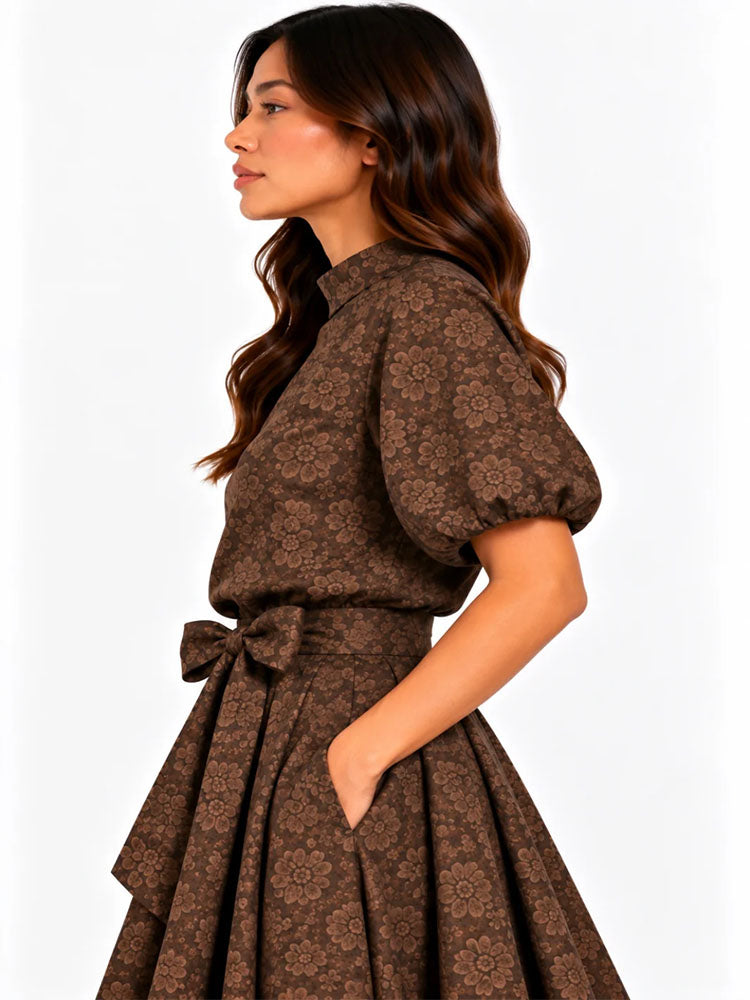 Kate & Pippa Ava Jacquard Bow Top In Brown