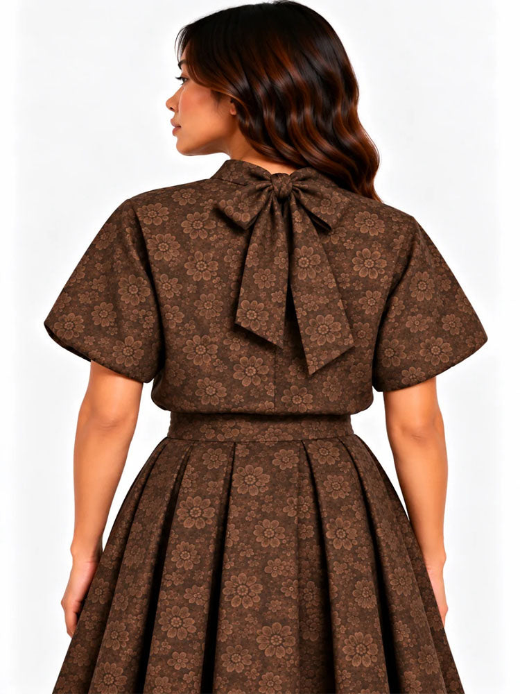 Kate & Pippa Ava Jacquard Bow Top In Brown