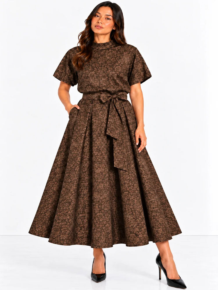 Kate & Pippa Ava Jacquard Bow Top In Brown