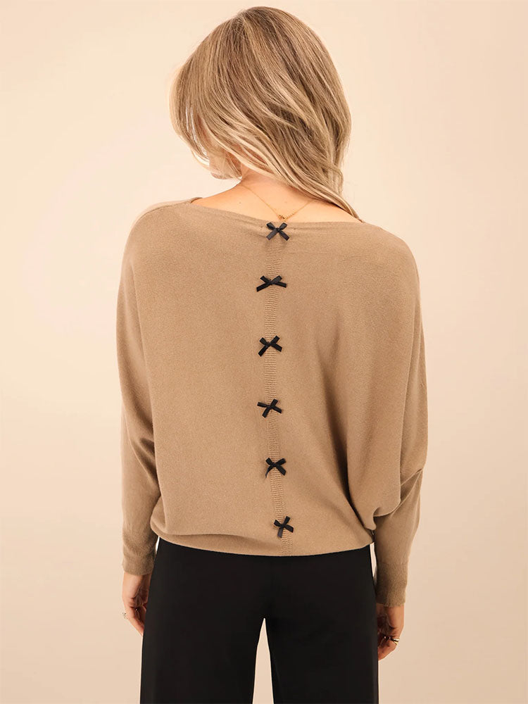 Kate & Pippa Venice Bow Knit Top in Beige