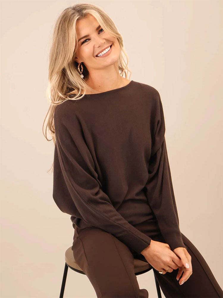 Kate & Pippa Venice Bow Knit Top in Chocolate Brown