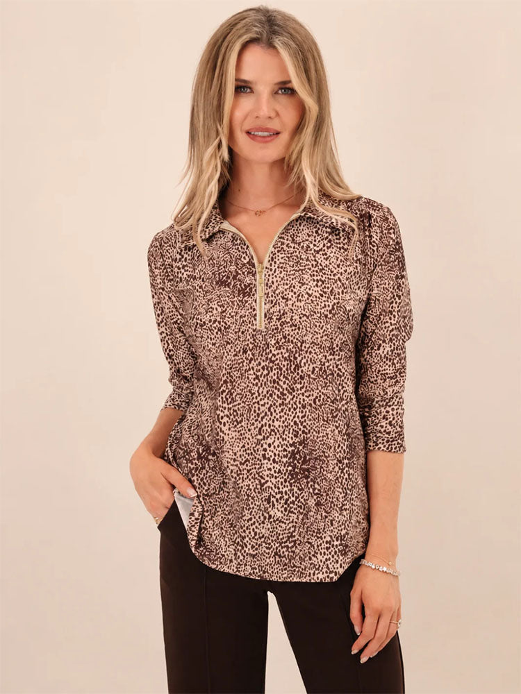 Kate & Pippa Zip Top in Brown Leopard Print