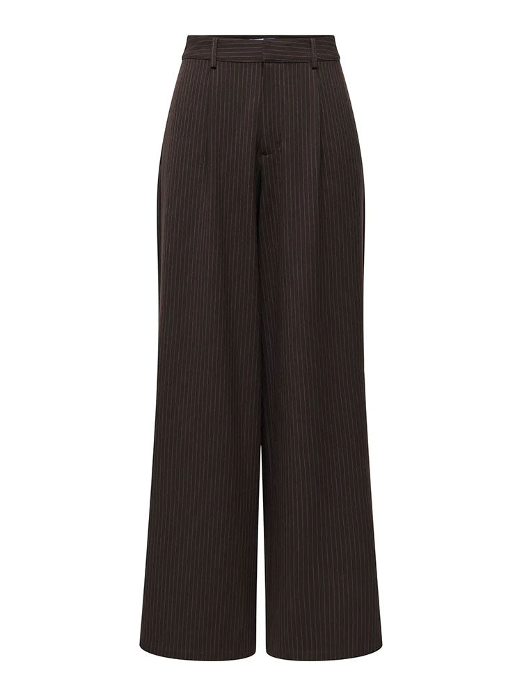 Onlzina Mid Waist Wide Leg Trousers-Brown/Light Grey Pinstripe