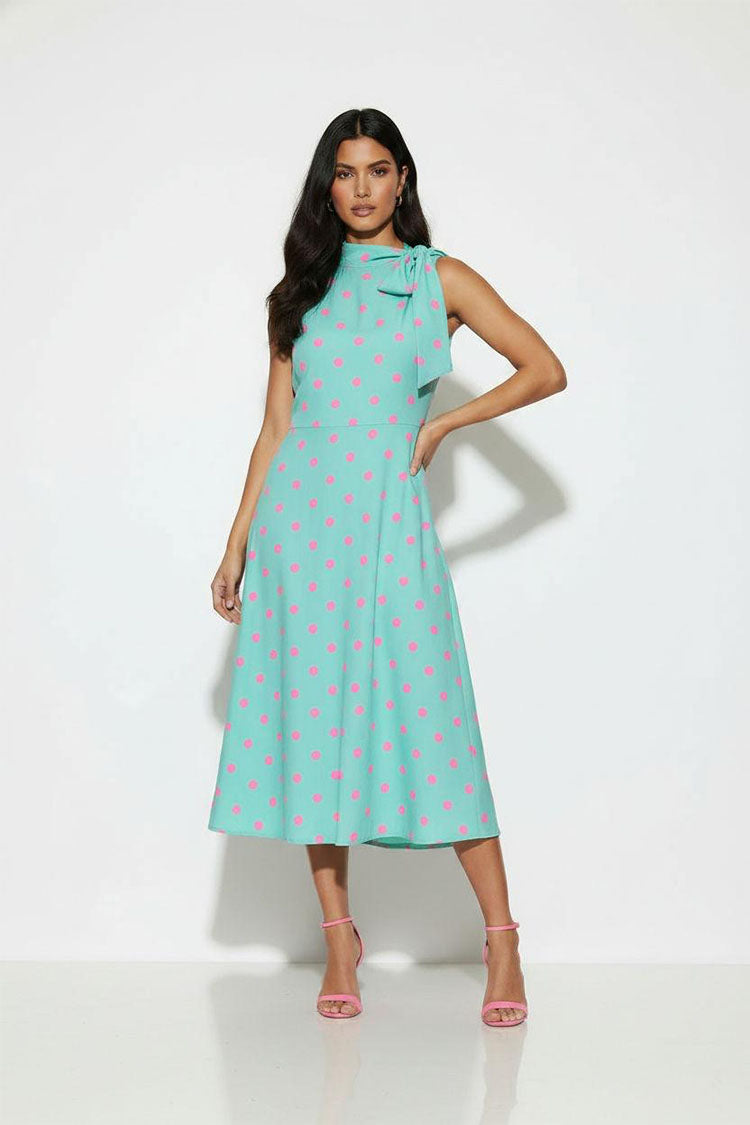 Sleeveless Polka Dot Midi Dress-Aqua/Pink Polka Dot