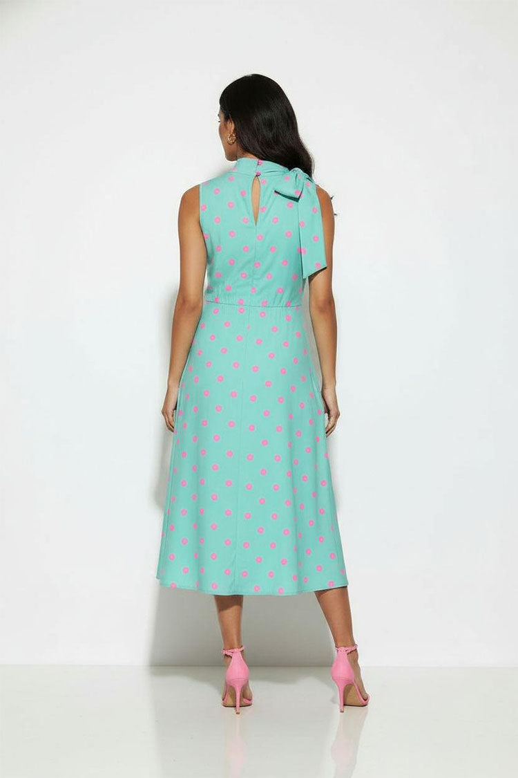 Sleeveless Polka Dot Midi Dress-Aqua/Pink Polka Dot