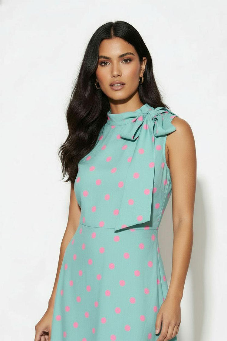 Sleeveless Polka Dot Midi Dress-Aqua/Pink Polka Dot