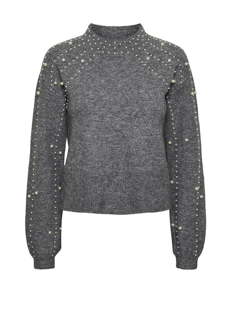 Pcrea High Neck Pearl Knit Swester-Grey