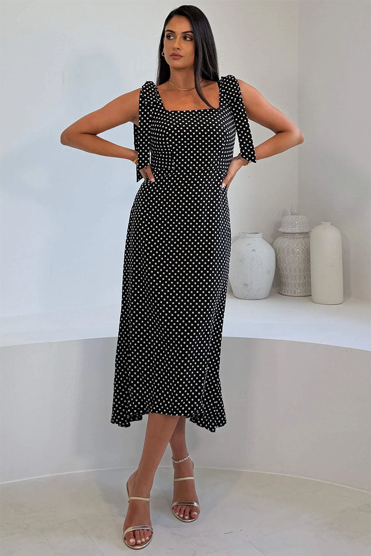 Jovi Tie Shoulder Square Neck Midi Dress Black Spot