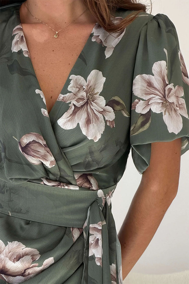 Drew Puff Sleeve Wrap Front Midi Dress Floral Print