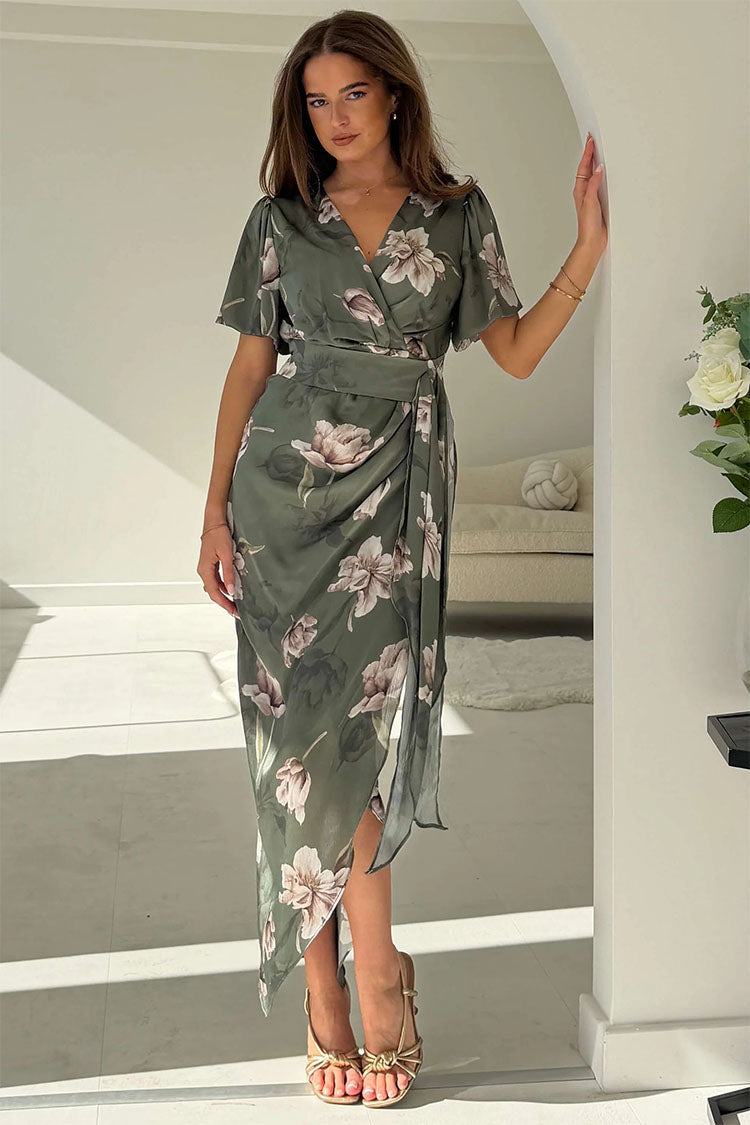 Drew Puff Sleeve Wrap Front Midi Dress Floral Print