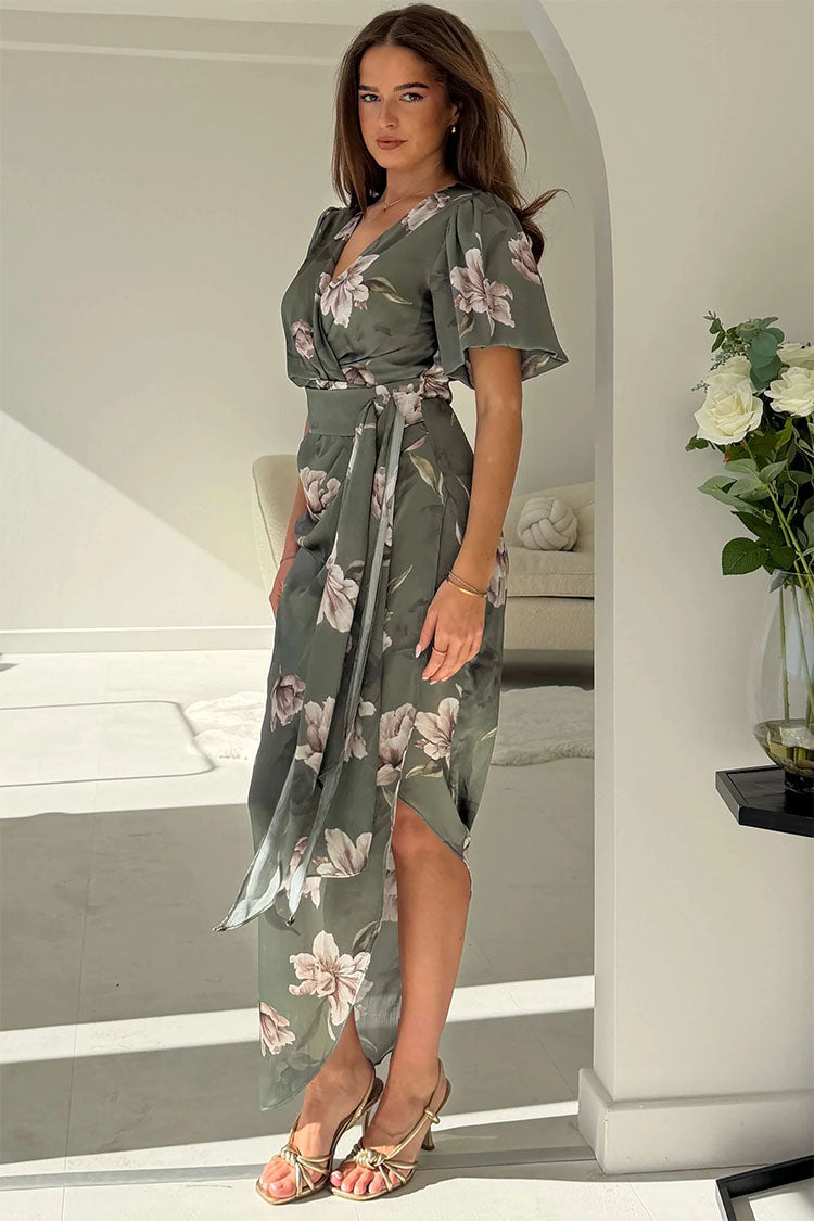 Drew Puff Sleeve Wrap Front Midi Dress Floral Print