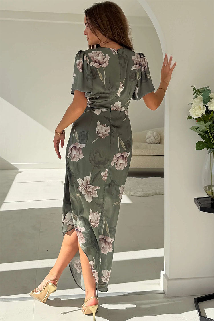 Drew Puff Sleeve Wrap Front Midi Dress Floral Print