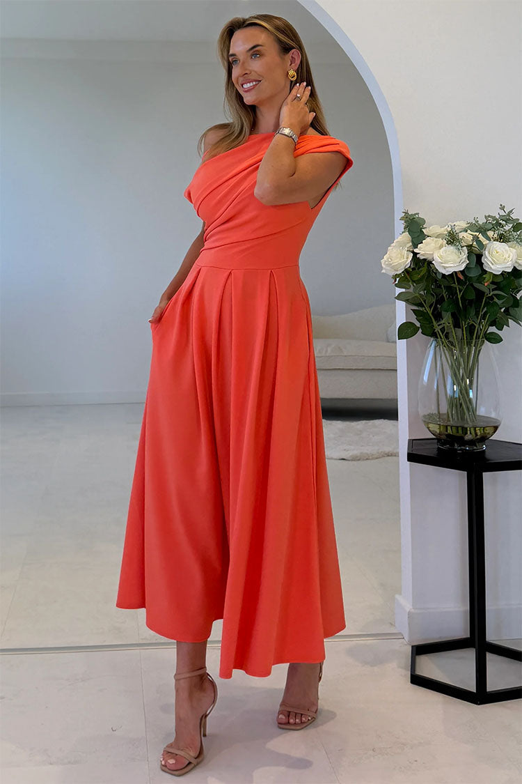 Dollie Asymmetric Neckline Skater Midi Dress Orange