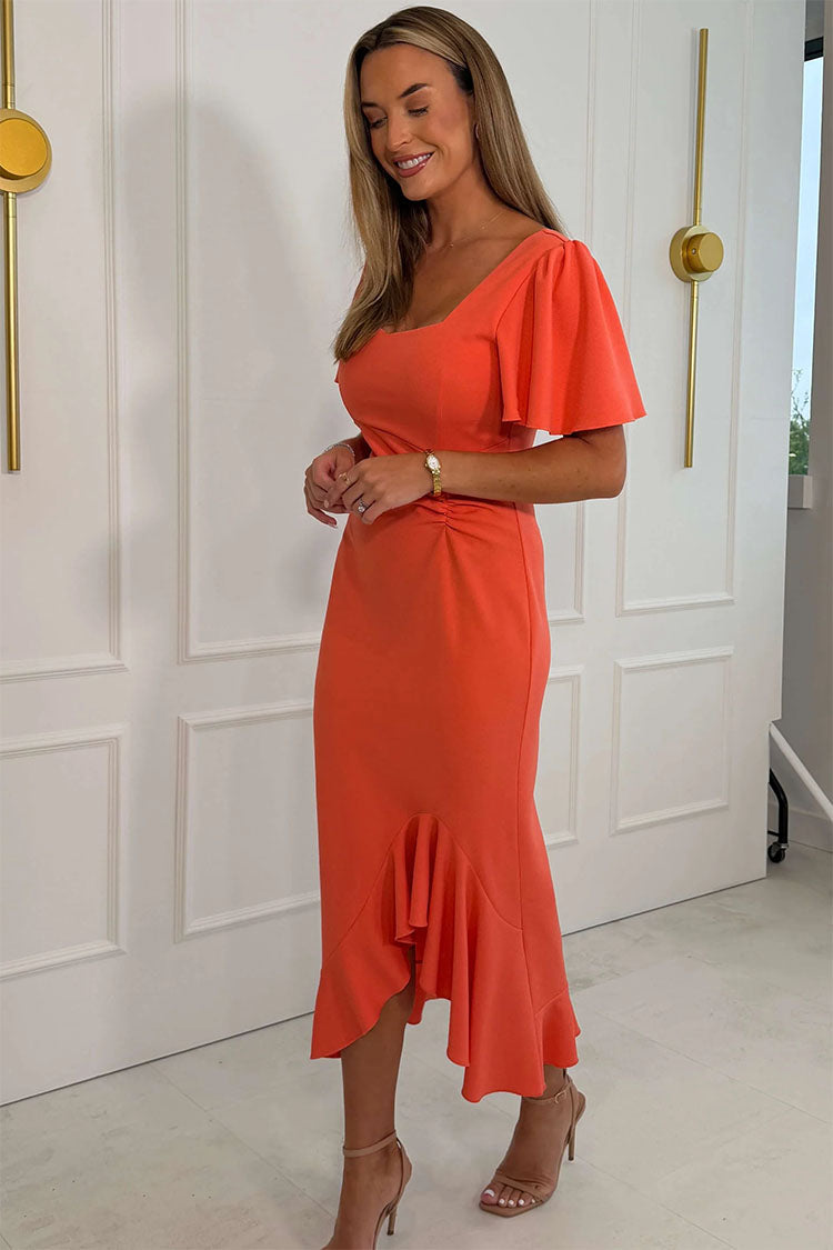 Darcie Flaired Sleeve Frill Midi Dress Coral