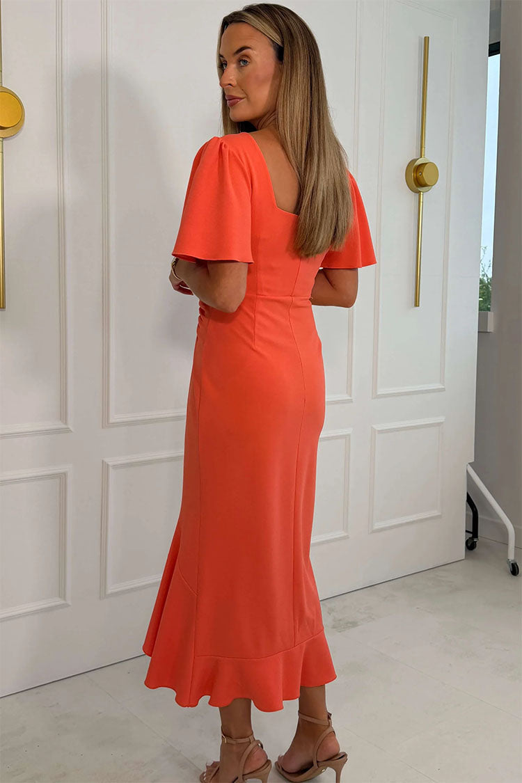 Darcie Flaired Sleeve Frill Midi Dress Coral