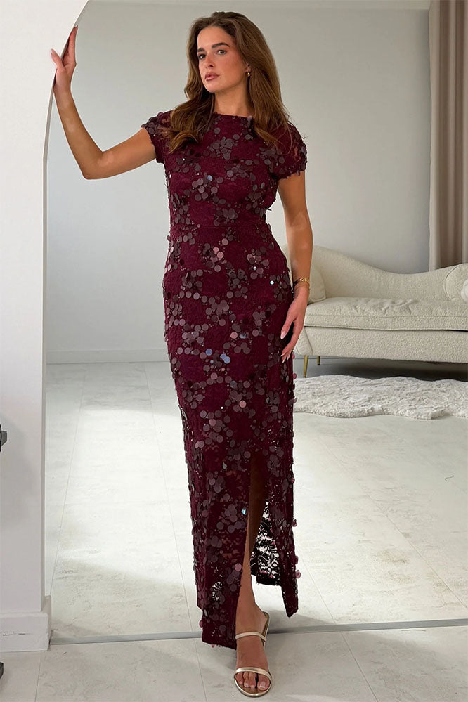 Georgie sequin Lace Split Maxi Dress Burgundy