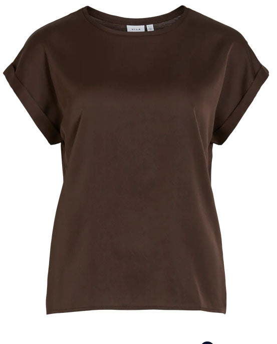 Viellette Short Sleeve Satin Top-Coffee