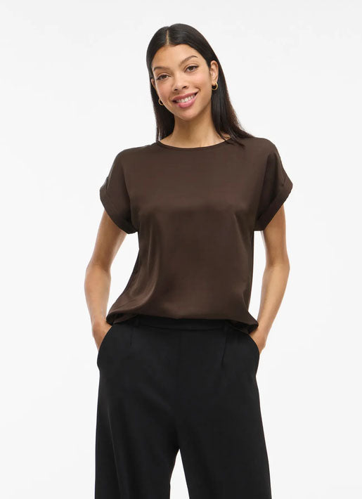 Viellette Short Sleeve Satin Top-Coffee