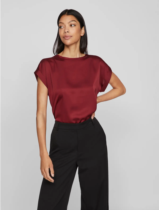 Viellette Short Sleeve Satin Top-Cabernet