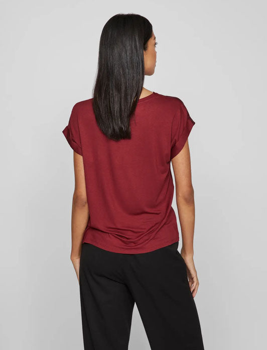 Viellette Short Sleeve Satin Top-Cabernet