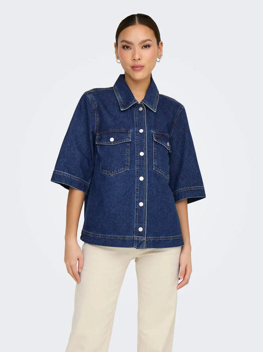 Onlbelle Short Sleeve Denim Shirt-Dark Blue Denim