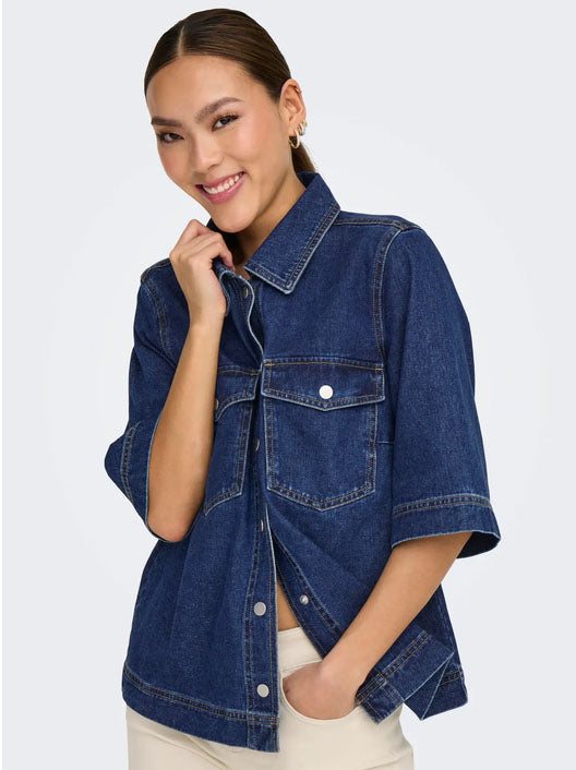 Onlbelle Short Sleeve Denim Shirt-Dark Blue Denim