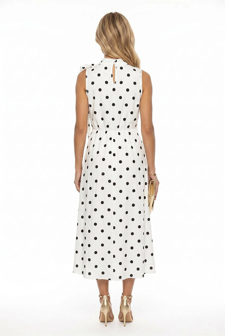 Sleeveless Polka Dot Midi Dress-White/Black Polka Dot