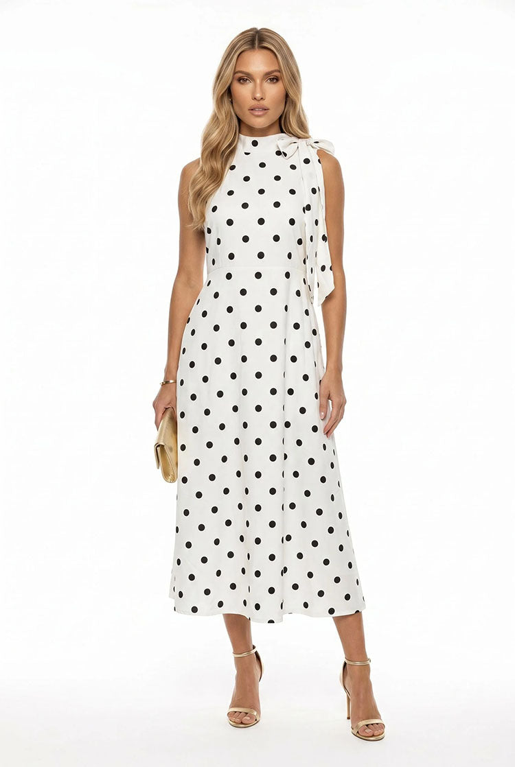 Sleeveless Polka Dot Midi Dress-White/Black Polka Dot